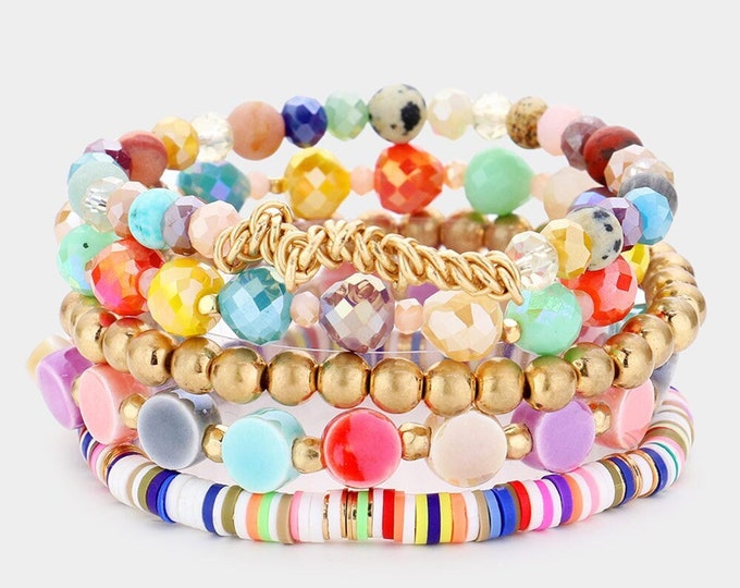 5 Pieces Colorful Faceted Beaded Gold-Plated Stretch Bracelets, Birthday Gift, Thank You Gift, Friendship Gift | SB007