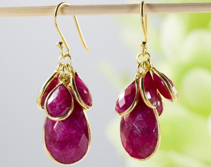 Beautiful Natural Row Ruby Bezel Dangle Earrings In Gold-Plated Sterling Silver, Birthday Gift, Anniversary Gift, Thank You Gift