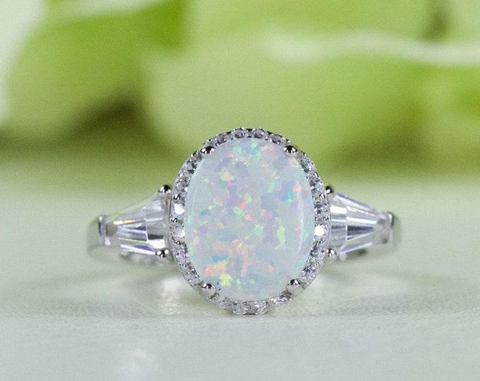 1.65 Carat Oval Cabochon Lab-Created White Opal & Cubic Zirconia Ring in Sterling Silver, Anniversary Ring, Promise Ring, Travel Ring | 074