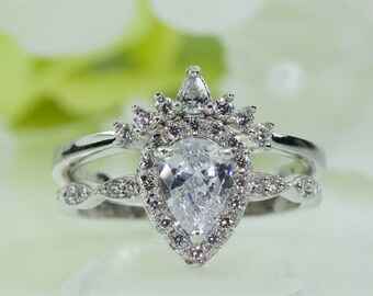 0.75 Ct Victorian Style Halo Pear Cubic Zirconia Engagement Ring Set In Sterling Silver, Promise Ring, Proposal Ring, Travel Ring | R006-020