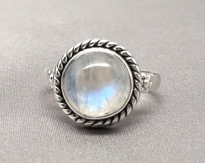 Naturally Glowing Moonstone Sterling Silver Rope Solitaire Ring
