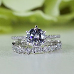 1.50 Ct Round Brilliant And Eternity Wedding Band Cubic Zirconia Engagement Set In Sterling Silver, Travel Ring, Proposal Ring | 104-040