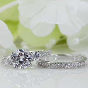 1.00 Ct. Micropavé Three-Stone Cubic Zirconia Engagement Ring Set In Sterling Silver, Wedding Ring, Promise Ring, Travel Ring | 004