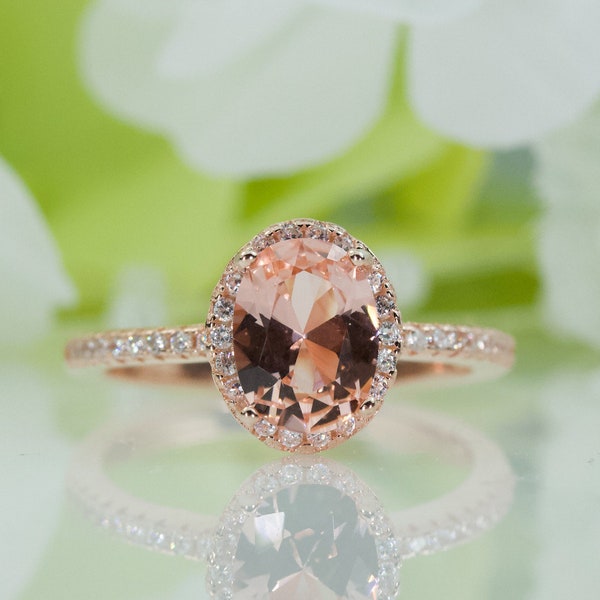 Halo Oval Morganite Color Quality Cubic Zirconia Ring In Rose Gold-Plated Sterling Silver, Engagement Ring, Promise Ring, Travel Ring | 094