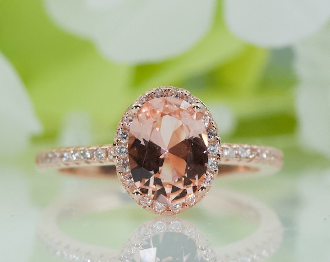 Halo Oval Morganite Color Quality Cubic Zirconia Ring In Rose Gold-Plated Sterling Silver, Engagement Ring, Promise Ring, Travel Ring | 094