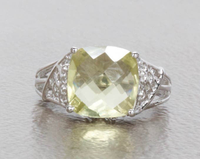 Clearance — Natural Lemon Quartz Checkerboard Cut Cocktail Ring in Sterling Silver, Cocktail Ring, Birthday Gift | CLE019