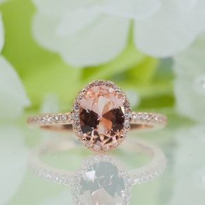 Halo Oval Morganite Color Quality Cubic Zirconia Ring In Rose Gold-Plated Sterling Silver, Engagement Ring, Promise Ring, Travel Ring | 094