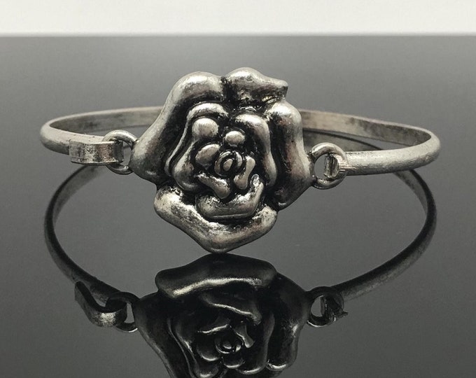 Antique Style Rose Flower Bangle Bracelet, Antique Silver-Plated, Antique Gold-Plated, Thank You Gift, Birthday Gift | B010