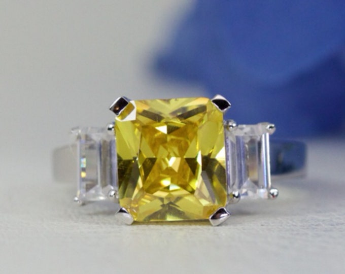 3.00 Ct. Square Radiant Cut Vivid Yellow Cubic Zirconia Ring In Sterling Silver, Engagement Ring, Promise Ring, Anniversary Ring | 042