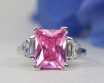 3.00 Ct. Radiant Cut Vivid Pink Cubic Zirconia Ring In Sterling Silver, Engagement Ring, Promise Ring, Anniversary Ring, Travel Ring | 041