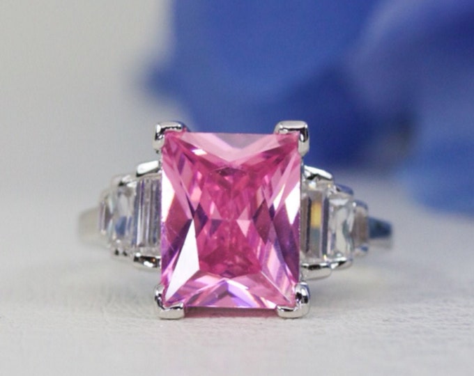 3.00 Ct. Radiant Cut Vivid Pink Cubic Zirconia Ring In Sterling Silver, Engagement Ring, Promise Ring, Anniversary Ring, Travel Ring | 041