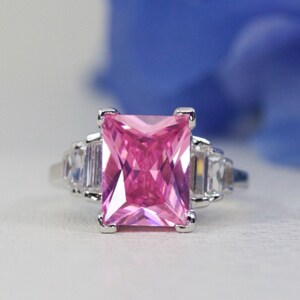 3.00 Ct. Radiant Cut Vivid Pink Cubic Zirconia Ring In Sterling Silver, Engagement Ring, Promise Ring, Anniversary Ring, Travel Ring | 041