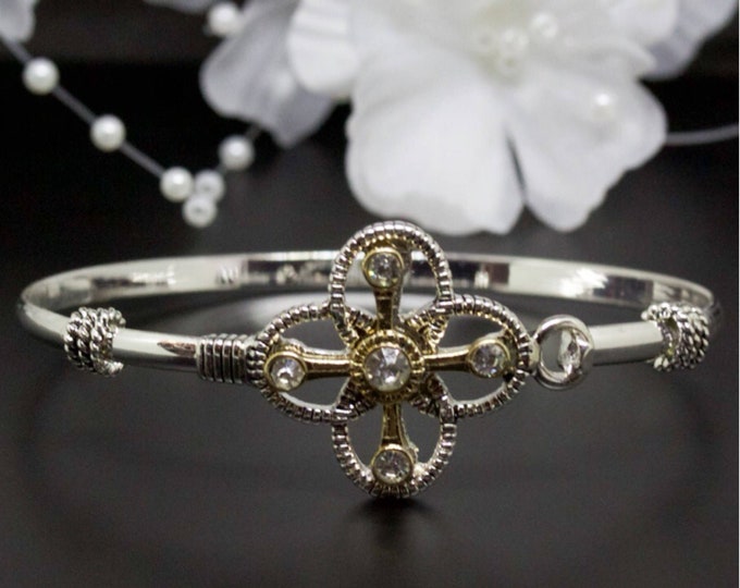 Beautiful Two-Tone Flower Rhinestones Silver and Gold-Plated Bangle Bracelet, Thank You, Birthday Gift, Graduations Gift | B009