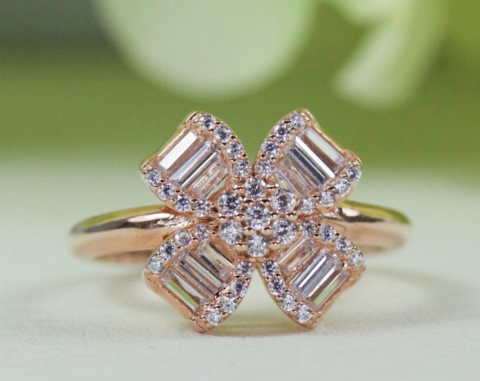 Stunning Unique Round And Baguette Fine Quality Cubic Zirconia Ring In Rose Gold-Plated Sterling Silver, Anniversary Ring, Statement Ring
