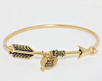 Beautiful "Follow Your Heart" Arrow Gold-Plated Bangle Bracelet, Thank You Gift, Birthday Gift, Graduations Gift, Travel Jewelry | B009