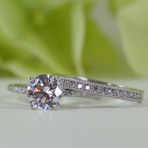 1.25 Ct Round Brilliant & Micropavé Vintage Band Cubic Zirconia Engagement Set In Sterling Silver, Promise Ring, Travel Ring | R105-100