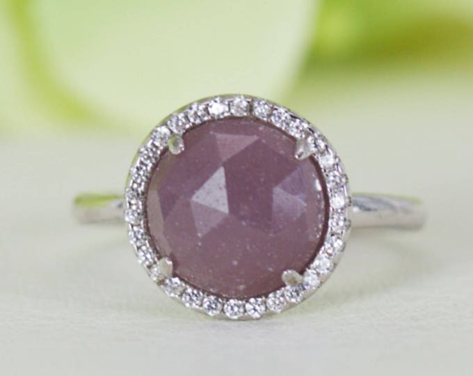 Untreated Row Natural Brownish Purple Sapphire and Fine Quality Cubic Zirconia Ring In Sterling Silver