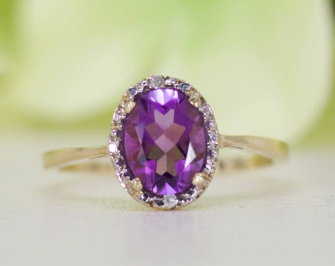 Natural Amethyst and Diamond Ring in 10k Yellow Gold, Anniversary Ring, Engagement Ring, Promise Ring