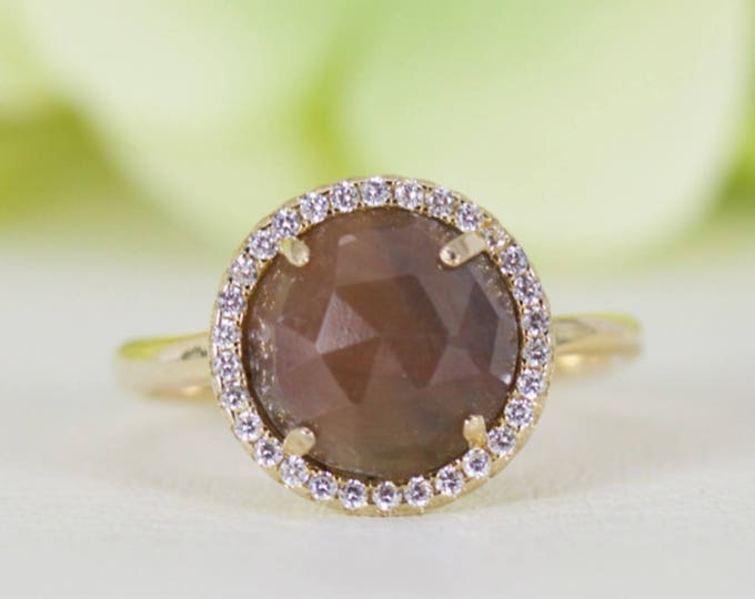 Round Untreated Row Natural Brown Sapphire and Fine Quality Cubic Zirconia in Gold-Plated Sterling Silver Ring, Anniversary Ring