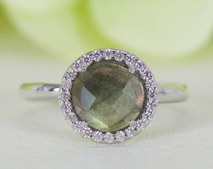 Naturally Glowing Labradorite and Fine Quality Cubic Zirconia Halo Ring in Sterling Silver, Engagement Ring, Anniversary Ring, Promise Ring