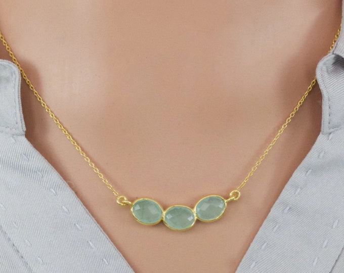 Sophisticated Sterling Silver Gold-Plated Oval Checkerboard Cut Natural Green Chalcedony Necklace, Birthday Gift, Thank You Gift