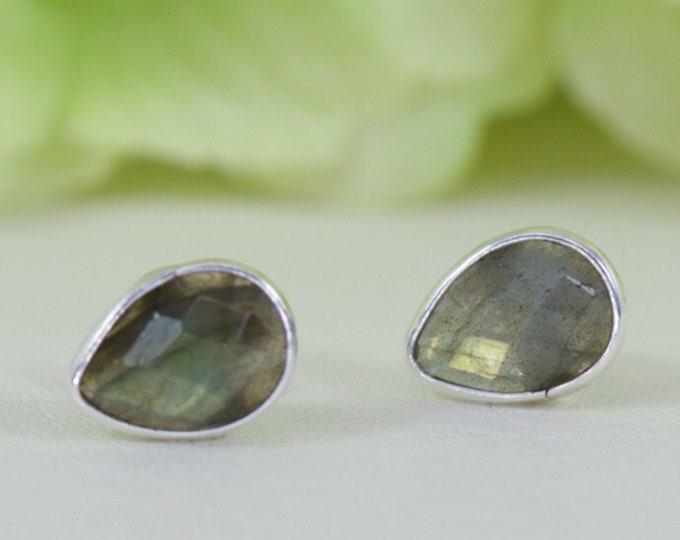 Natural Labradorite Pear Checkerboard Cut Stud Earrings In Sterling Silver, Birthday Gift, Thank You Gift, Anniversary Gift, Travel Jewelry