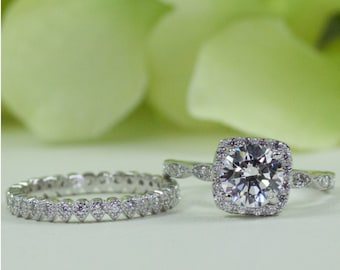 1.00 Ct.Round Halo Cushion & Full Eternity Band Cubic Zirconia Engagement Ring Set in Sterling Silver, Travel Ring, Promise Ring / 103-047