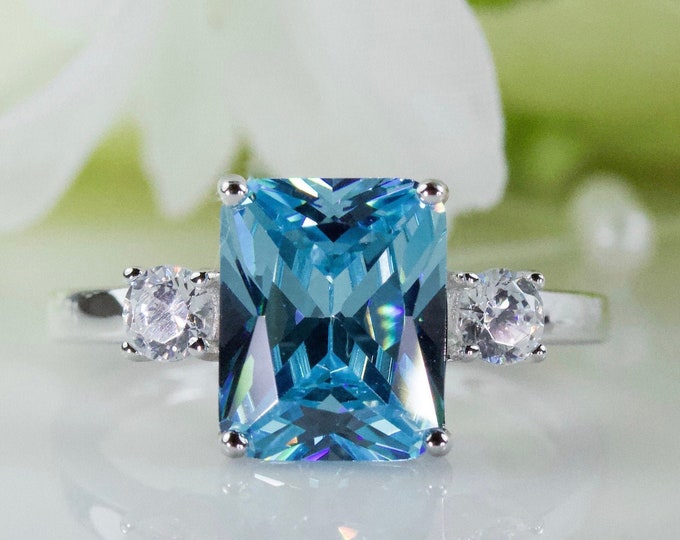 3.00 Ct Vivid Blue Radiant Cut Cubic Zirconia Ring In Sterling Silver, Promise Ring, Anniversary Ring, Travel Ring, Engagement Ring | 123