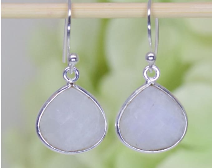Sophisticated Natural Moonstone Bezel Dangle Earrings In Sterling Silver, Birthday Gift, Anniversary Gift, Thank You Gift