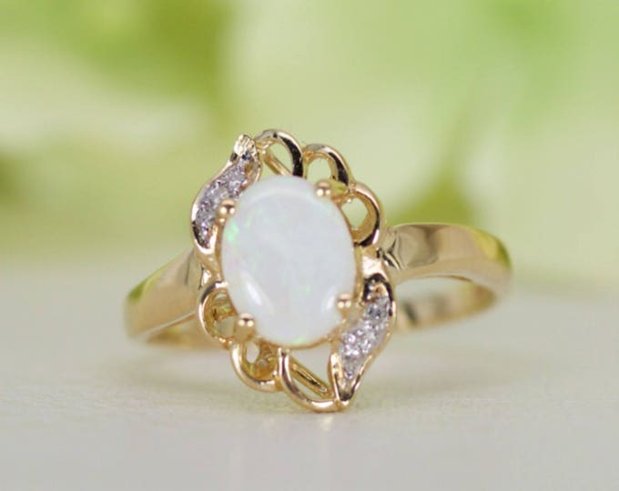 14k Yellow Gold Natural Opal and Diamond Ring, Engagement Ring, Anniversary Ring