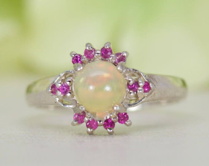 Natural Welo Ethiopian Opal and Natural Ruby Ring in Sterling Silver, Anniversary Ring, Birthday Gift