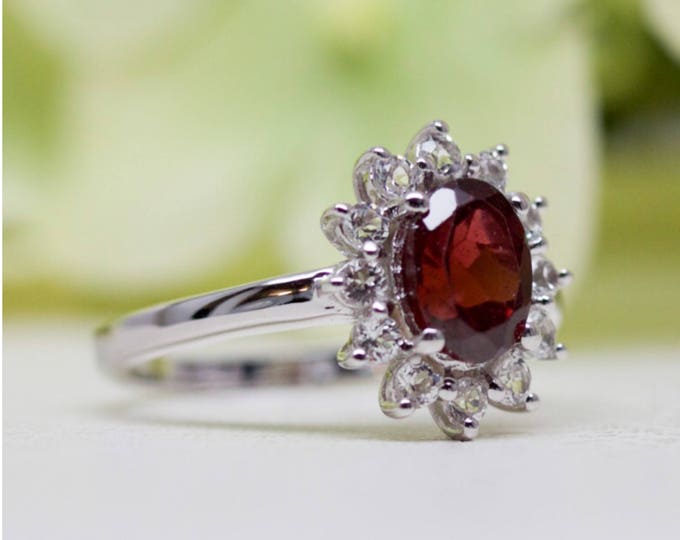 1.60 Carat Natural Garnet and White Topaz Sterling Silver Ring, Anniversary Ring, Promise Ring, Engagement Ring, Birthday Ring | Q005