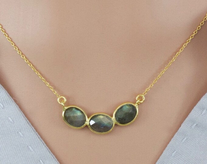 Sophisticated Sterling Silver Gold-Plated Oval Checkerboard Cut Natural Labradorite Necklace, Birthday Gift, Anniversary Gift