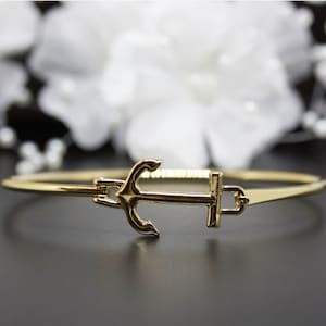 Nautical Anchor Gold Bangle Bracelet, Gold-Plated Bangle Bracelet, Thank You Gift, Birthday Gift, Graduations Gift, Travel Jewelry | B015