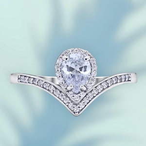 Elegant Pear Teardrop V 1.50 Ct Cubic Zirconia Anniversary Ring In Sterling Silver, Wedding Ring, Promise Ring, Travel Ring | 162