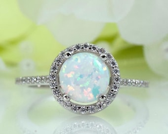 Halo Round Cabochon Lab-Created Opal With Cubic Zirconia Ring in Sterling Silver, Anniversary Ring, Promise Ring, Travel Ring | 019