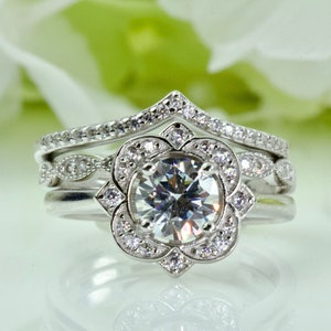 0.75 Ct Floral Vintage Style Double Band Cubic Zirconia Ring In Sterling Silver, Promise Ring, Engagement Ring, Travel Ring | 145-108-016