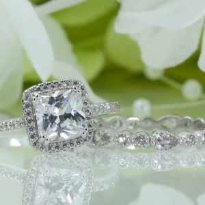 Sophisticated Halo Princess Cut 1.00 Ct & Micropavé Art Deco Cubic Zirconia Engagement Ring Set In Sterling Silver, Travel Ring | 167-102