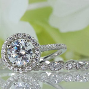 Gorgeous 1.20 Ct. Halo Round with Micropavé Art Deco Wedding Band CZ Engagement Ring Set In Sterling Silver, Travel Ring | R003-102