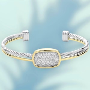 CZ Stone Paved Oval Two Tone Cuff Bracelet, Silver-Plated, Gold-Plated, Thank You Gift, Birthday Gift, Graduations Gift, Bridesmaid Gift