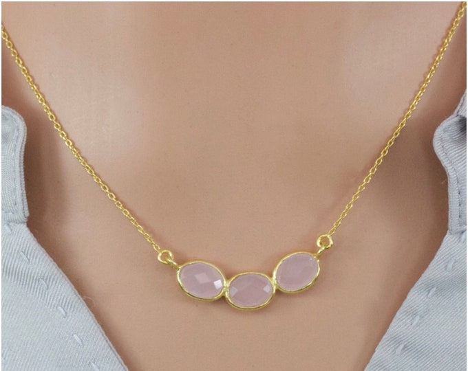 Sophisticated Sterling Silver Gold-Plated Oval Checkerboard Cut Natural Pink Chalcedony Necklace, Birthday Gift, Thank You Gift