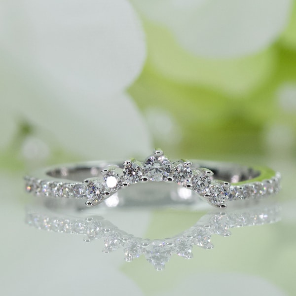 Aliança de casamento sofisticada, curva, meia eternidade, zircônia cúbica de alta qualidade, em prata esterlina, anel de viagem, anel de aniversário | 021