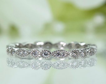 Micropavé Art Déco calidad Cubic Zirconia Anillo de banda de boda de eternidad completa en plata de ley, anillo de viaje, anillo de promesa / 017
