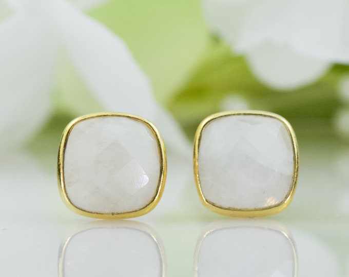 Sophisticated Cushion Natural Moonstone 8MM Stud Earrings In Gold-Plated Sterling Silver, Birthday Gift, Anniversary Gift, Thank You Gift