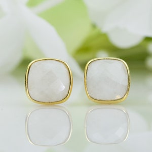 Sophisticated Cushion Natural Moonstone 8MM Stud Earrings In Gold-Plated Sterling Silver, Birthday Gift, Anniversary Gift, Thank You Gift
