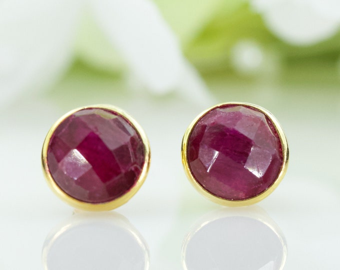 Natural Row Ruby 8MM Stud Earrings In Gold-Plated Sterling Silver, Birthday Gift, Anniversary Gift, Thank You Gift, Graduation Gift