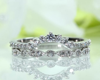 Sophisticated Curved Half Eternity and Art Deco Wedding Band Set Cubic Zirconia In Sterling Silver, Travel Ring, Anniversary Ring | 021-111