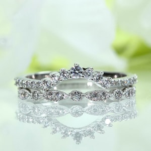 Sophisticated Curved Half Eternity and Art Deco Wedding Band Set Cubic Zirconia In Sterling Silver, Travel Ring, Anniversary Ring | 021-111