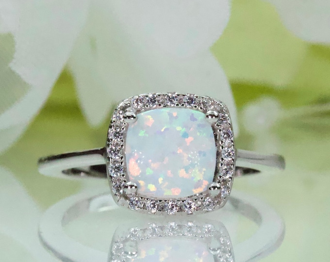 Halo Cushion Cabochon Lab-Created Opal With CZ Ring in Sterling Silver, Anniversary Ring, Promise Ring, Travel Ring, Birthday Gift | 082