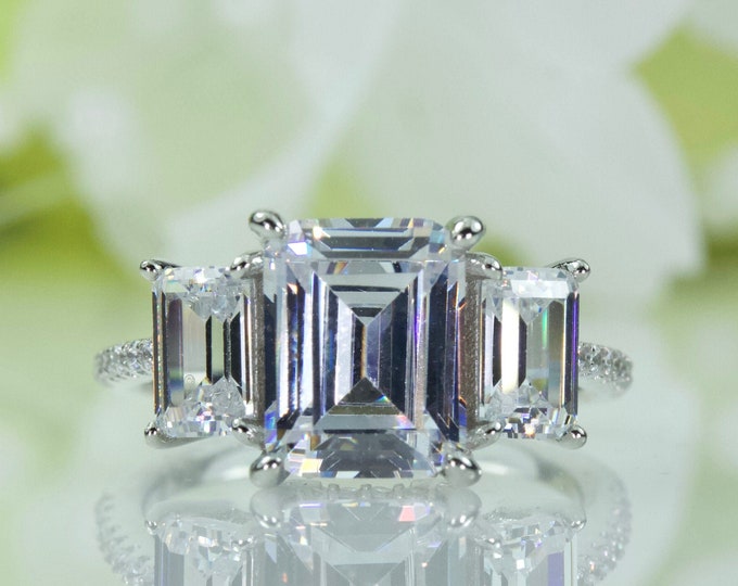 Sophisticated Three-Stone 2.50 Ct Emerald Cut Fine CZ Anniversary Ring In Sterling Silver, Engagement Ring, Travel Ring | 158